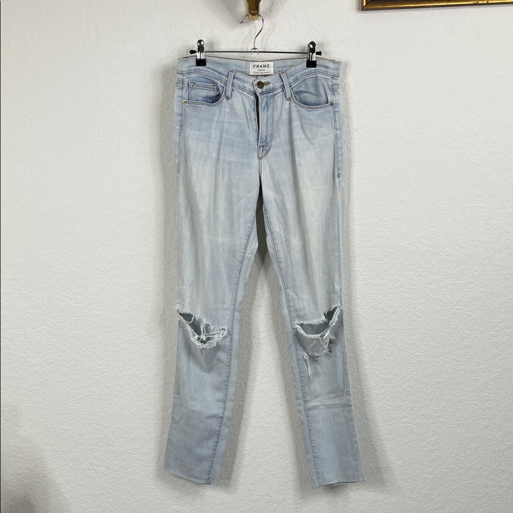 Frame Denim Forever Karlie Albright Light Wash Distressed Straight Leg Jeans